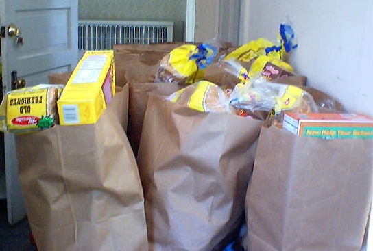 Filled pantry bags ready to be given.